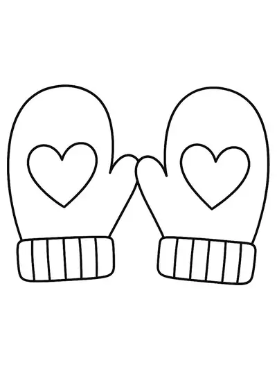 Simple coloring page of two large winter mittens with hearts, easy outlines.