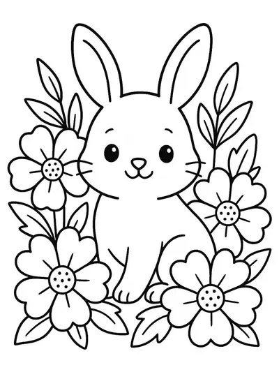 Simple line art of a bunny sitting among flowers, designed for preschool coloring fun.