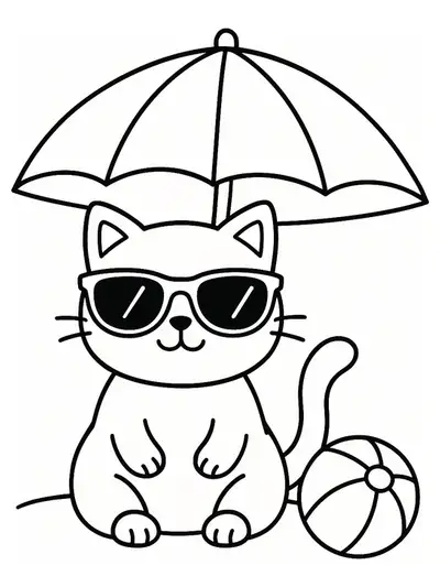 Simple line art of a cute cat with sunglasses at the beach, sitting under an umbrella with a beach ball