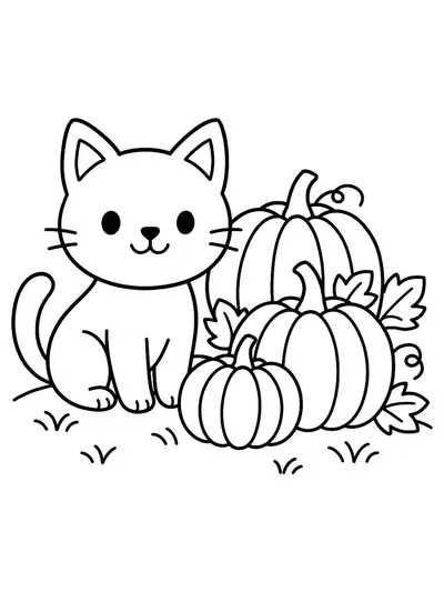 Cute cat sitting with pumpkins in a simple autumn scene, large areas to color