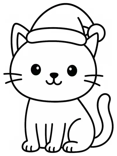 Cute cat wearing a Santa hat with a big pom-pom, simple Christmas theme
