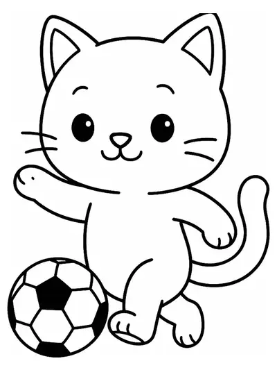 Cute cat kicking a large soccer ball, simple sports scene for kids