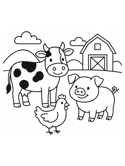 Simple coloring page with a cow, pig, and chicken standing together, large spaces and easy lines.