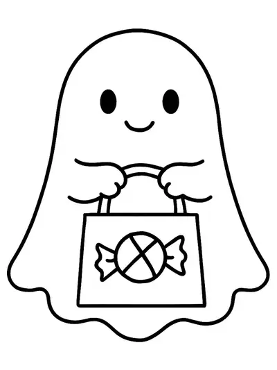Outline drawing of a friendly ghost holding a small candy bucket