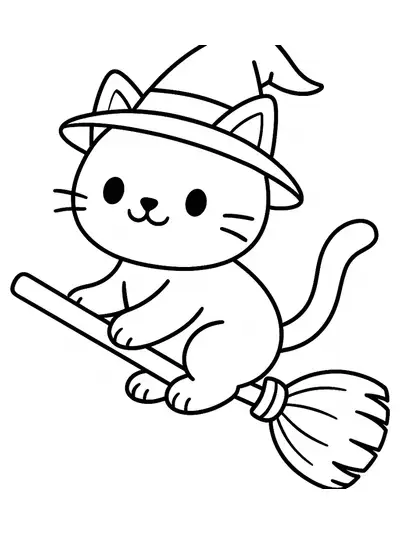 Easy outline of a cute cat wearing a witch hat on a broomstick, designed for preschoolers