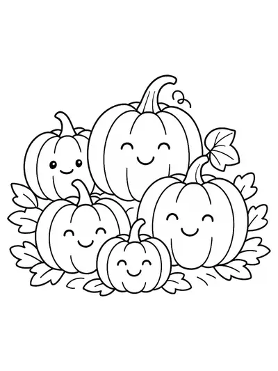 Easy coloring page with cute smiling pumpkins in a patch, simple lines and large spaces.