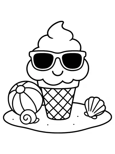 Smiling ice cream cone with sunglasses and a beach ball by the seaside, simple lines