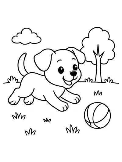 Simple outline of a cute puppy chasing a ball in a park with easy shapes