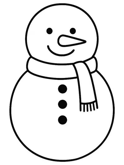 Easy outline drawing of a snowman with a scarf and buttons, made for preschoolers to color.