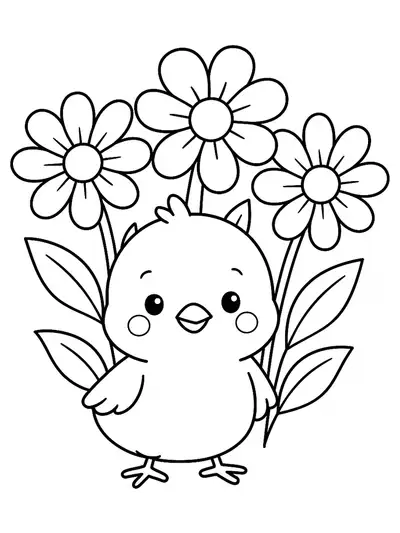 Simple coloring page of a baby chick with large spring flowers, easy for preschoolers
