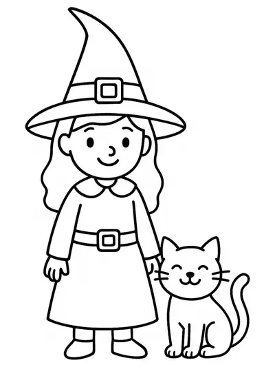 A simple Halloween coloring page with a smiling witch and her cat.