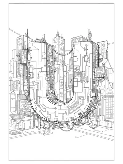 Letter U integrated into a complex cyberpunk cityscape with skyscrapers, neon lights, and futuristic tech details for teens.