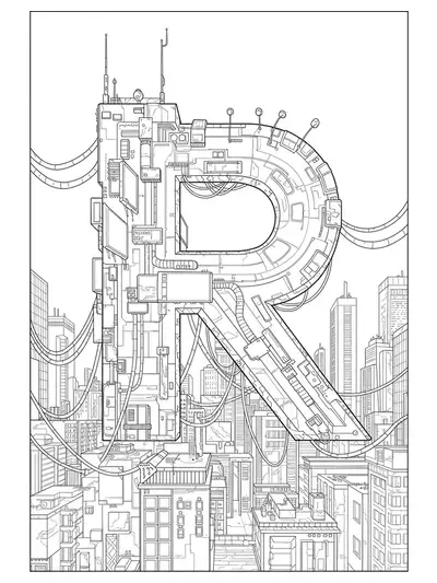 Letter R built into a complex cyberpunk cityscape with skyscrapers and electronic elements for a hard coloring page.