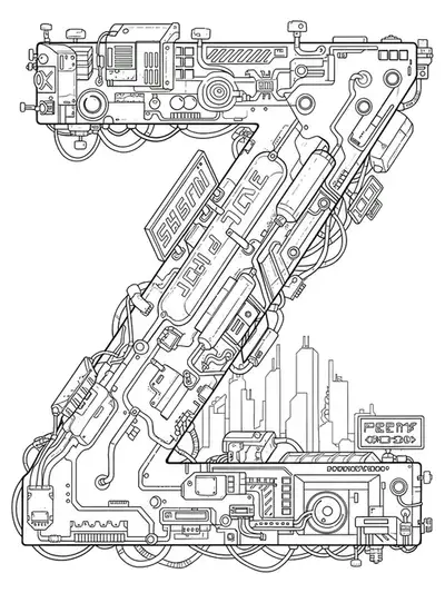 Letter Z with cyberpunk neon elements, wires, and futuristic cityscape, hard coloring page for teens.