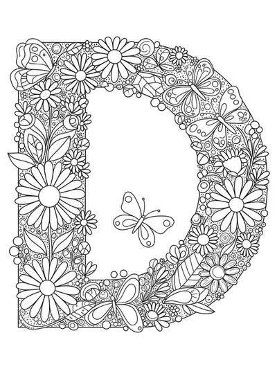 Letter D decorated with detailed daisies, butterflies, and leaves in complex patterns for preschool coloring.