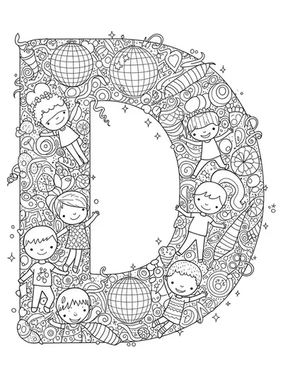 Letter D with dancing children, disco balls, music notes, and detailed party decorations for preschool coloring.