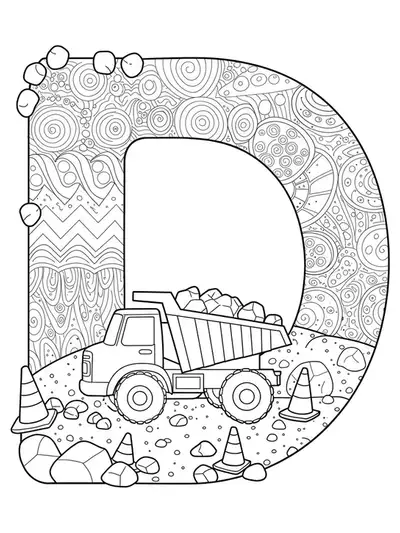 Letter D with a detailed dump truck, rocks, and construction cones with intricate line patterns for preschoolers.