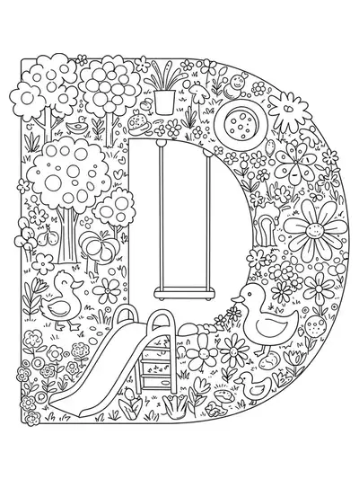 Letter D with detailed park scene including swings, slides, ducks, and flowers with intricate patterns.