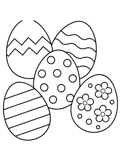 Line art of five large decorated Easter eggs with simple patterns.