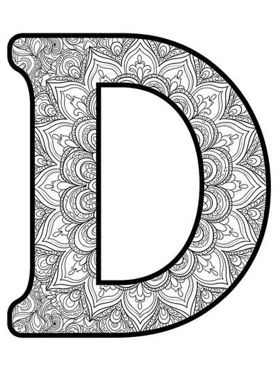 Intricate mandala design integrated with the letter D for adult coloring.