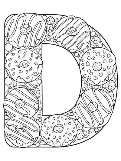 Letter D with detailed donuts, sprinkles, and toppings in complex patterns for preschool coloring.