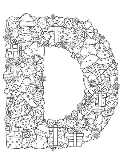 Letter D decorated with Christmas trees, ornaments, and snowflakes in detailed patterns for preschool coloring.