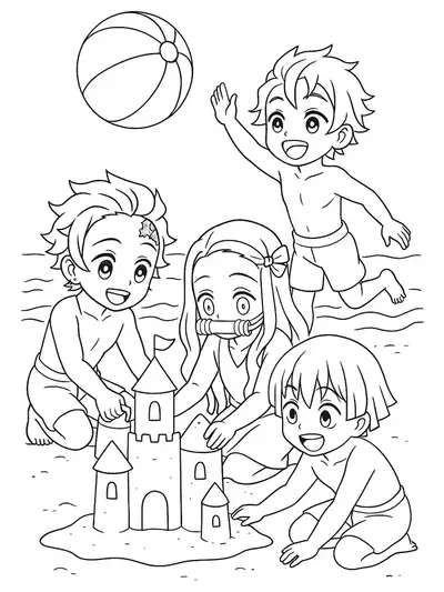 Demon Slayer characters playing at the beach with a sandcastle and beach ball