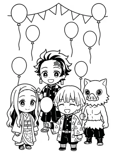 Easy outline of Demon Slayer characters holding balloons at a party