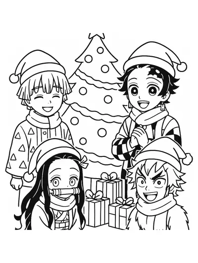 Demon Slayer characters wearing Christmas hats and scarves with a decorated tree and presents