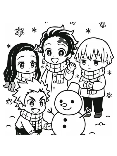 Chibi Demon Slayer characters wearing scarves with snowmen and snowflakes