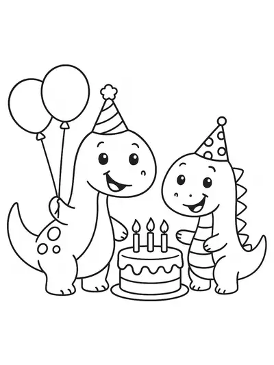 Several cartoon dinosaurs with party hats, balloons, and a birthday cake, simple and easy to color.