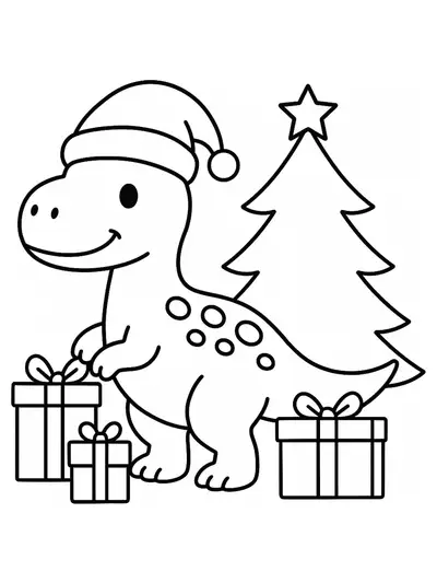 Easy dinosaur wearing Santa hat with gifts and Christmas tree, simple coloring page for preschoolers