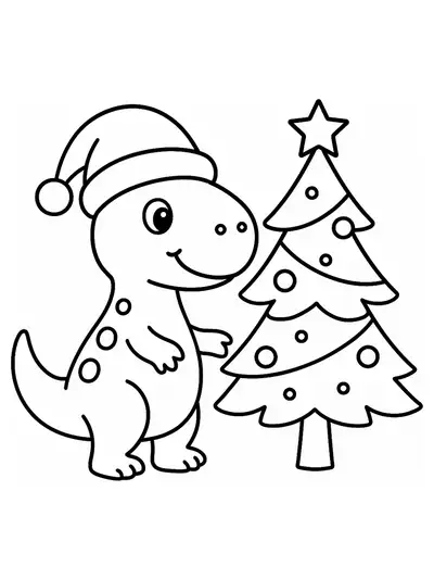 Easy dinosaur coloring page with Santa hat and Christmas tree for preschoolers