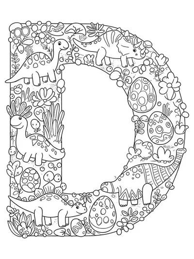 Intricate letter D surrounded by dinosaurs and dino eggs with complex patterns for preschool coloring.