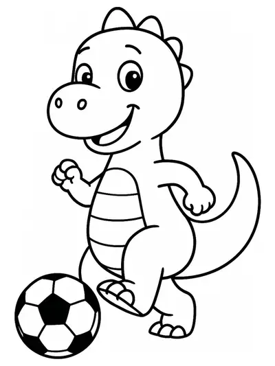 Preschool dinosaur coloring page with dinosaur kicking a soccer ball