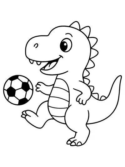 Big dinosaur kicking a soccer ball, sports-themed easy coloring page for preschoolers