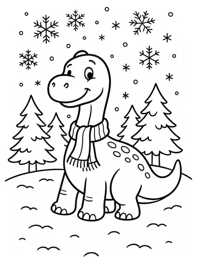 A cartoon dinosaur wearing a scarf building a snowman in a snowy landscape, easy lines for kids to color.