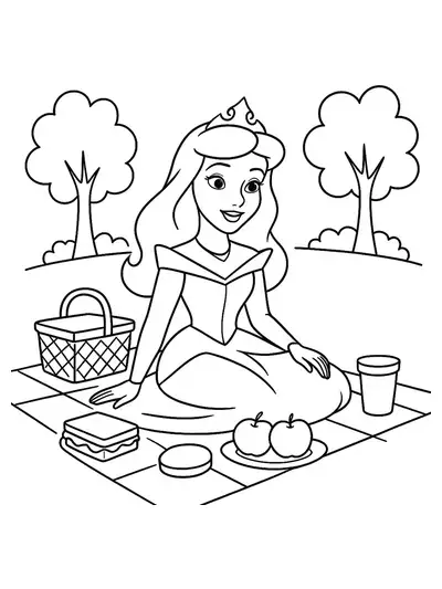 Disney princess sitting on a picnic blanket with food and trees around.