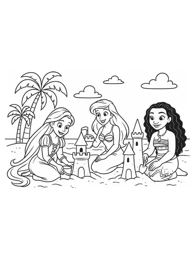 Easy preschool coloring page of Disney princesses at the beach with sandcastles and seashells.