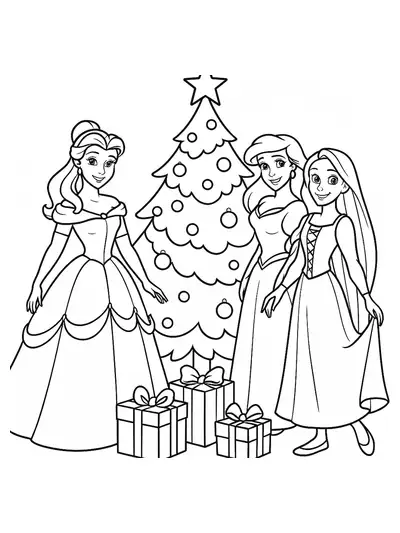 Disney princesses standing near a Christmas tree with presents, easy coloring page.