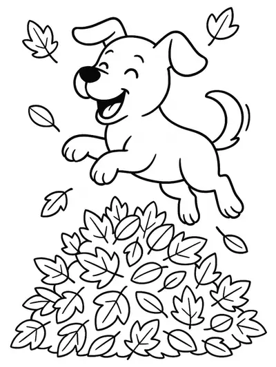 Outline of a playful dog jumping in a pile of large autumn leaves with a tree in the background.