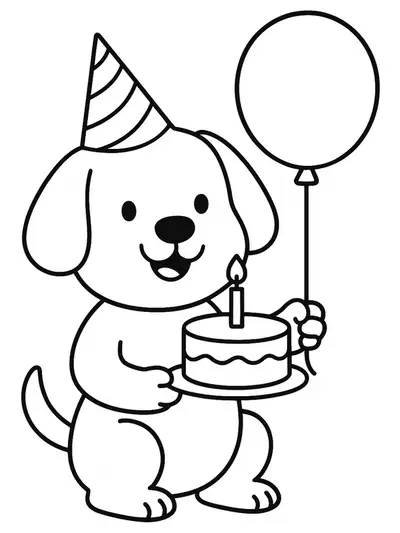 Outline of a smiling dog holding a balloon with a birthday hat and cake in the background.