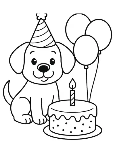 A dog with a party hat, balloons, and a birthday cake on a table.