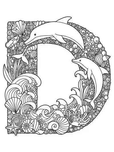 Letter D with playful dolphins, waves, fish, and seashells featuring intricate line patterns for preschool coloring.