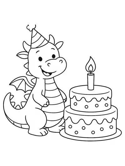 Simple coloring page with a smiling dragon wearing a party hat next to a birthday cake, easy for preschoolers.