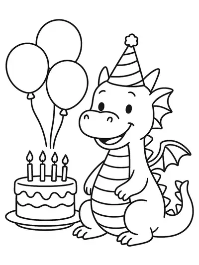 Simple coloring page with a cheerful dragon wearing a party hat next to a big birthday cake and balloons.