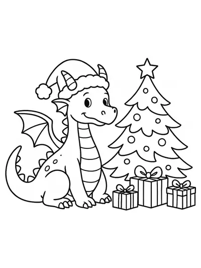 A cute dragon wearing a Santa hat, sitting next to a Christmas tree with gifts, designed with clear simple outlines for easy coloring.