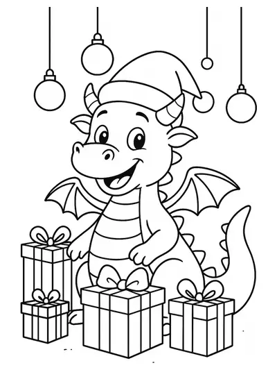 Simple dragon wearing a Santa hat surrounded by gifts and ornaments, designed for easy coloring.