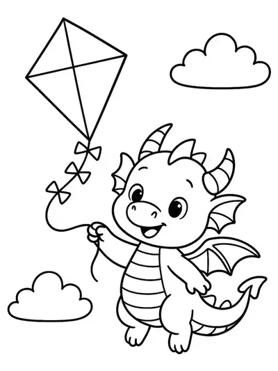 Simple coloring page of a smiling dragon holding a string and flying a large diamond-shaped kite.