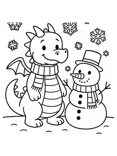 Easy coloring page of a dragon wearing a scarf playing next to a snowman, designed for preschoolers.